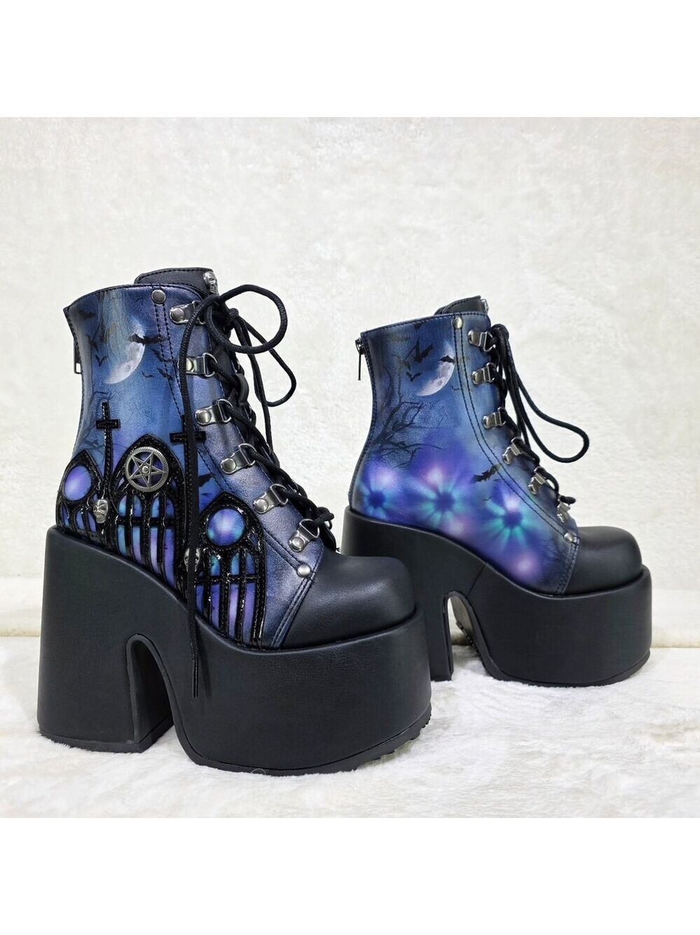 NIB NEW Camel 203 Moonlit Graveyard Print Charms Platform Goth Punk Ankle Boots - Picture 5 of 13